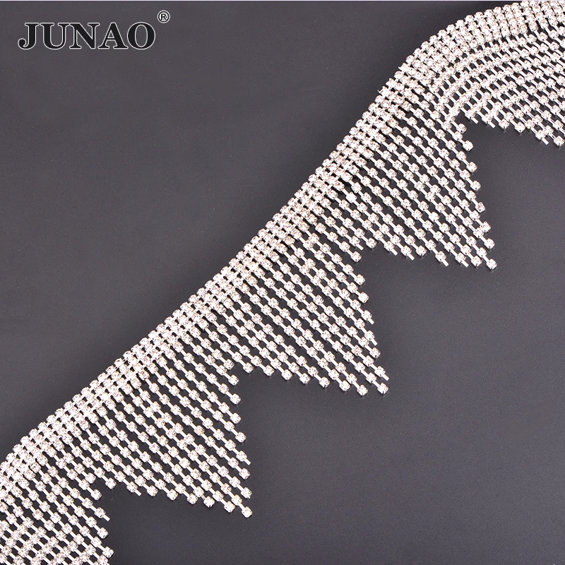 

JUNAO 45cm/lot Glitter Clear Glass Rhinestone Chain Trim Sewing Tassel Fringe Strass Ribbon Banding Crystal Applique for Crafts