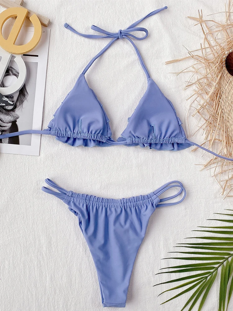 

ZTVitality Ruffle Cascade Sexy Bikini Blue Push Up Bikini 2021 Hot Sale Padded Bra Bandage Swimsuit Female Solid Swimwear Women