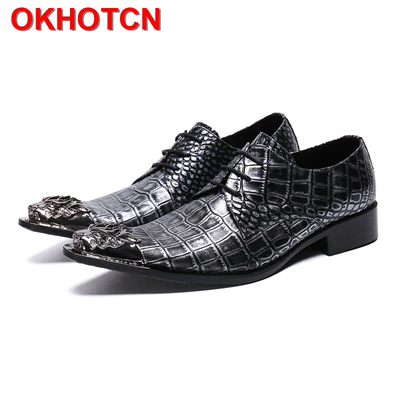 

Silver Alligator Skin Men Business Shoes Metal Pointed Toe Sapato Social Masculino Lace Up Genuine Leather Italian Men Oxfords