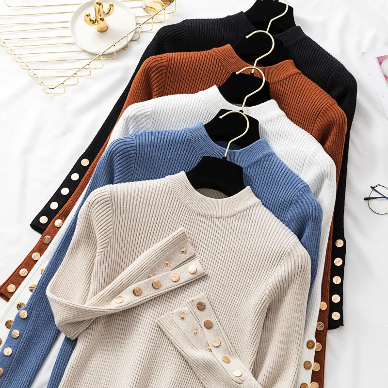 

Casual Knit Shirt Autumn Women Thick Sweater Pullovers Long Sleeve Button O-neck Chic Sweater Female Slim Knit Top Soft Jumper