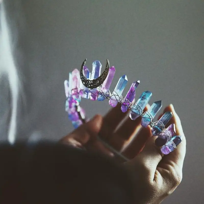 

Boho Handmade Bridal Tiara Crown Faux Raw Crystal Rainbow Colorful Aura Headband