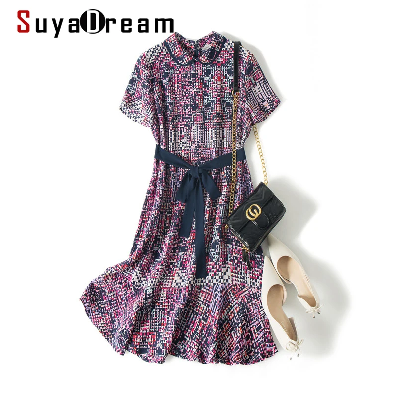 

SuyaDream женское мини-платье с принтом 100% шелк креп короткие рукава, оборки платья 2021 весна лето платье с поясом