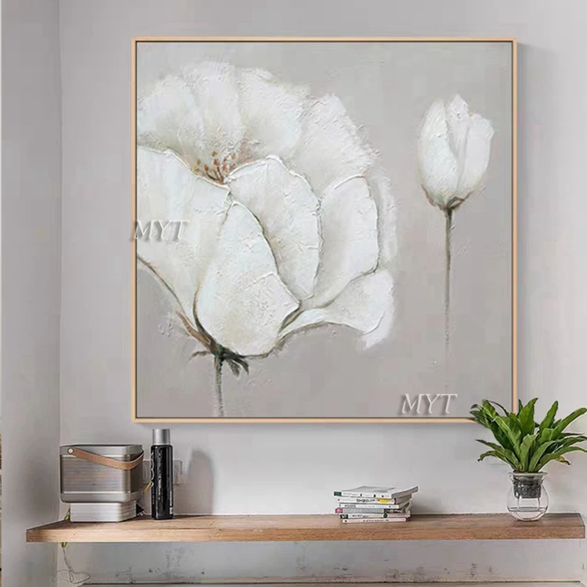 

Hand-painted Colorful Art White Flower Abstract Handmade Oil Painting Wall Decor Canvas Floral Paintings Home Wall Decoration