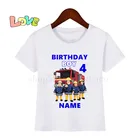 На возраст от 1 до 9 лет написать имя с рисунками из мультфильма Пожарный Сэм на день рождения; Юбка-американка с принтом с героями мультфильмов; Детская одежда; Футболка для мальчиков и девочек Смешные подарочные футболки для малышей