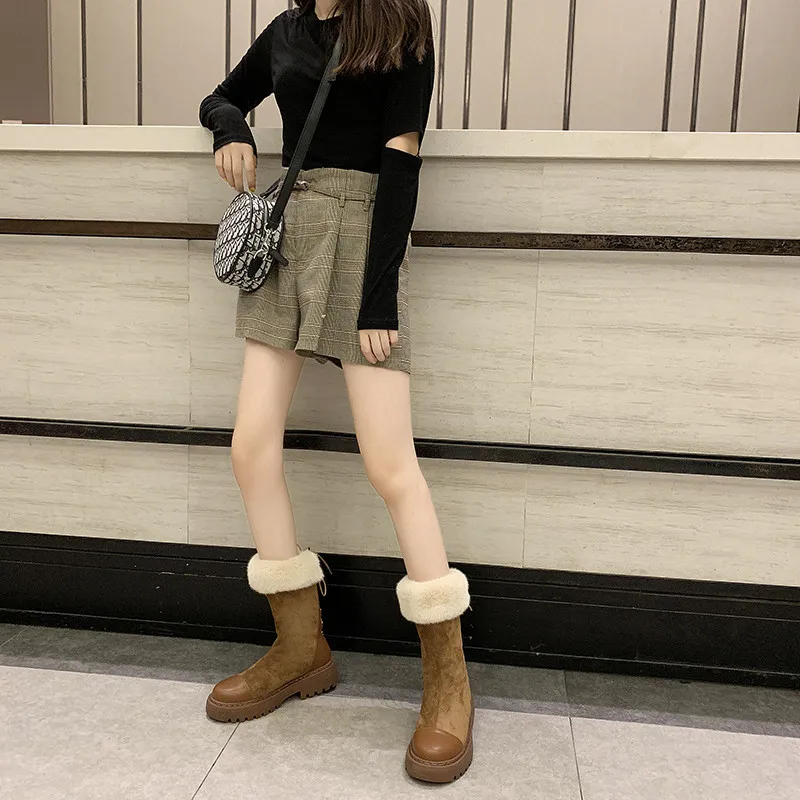 COOTELILI Suede Leather Boots Botines Mujer Warm Plush For Women Lace up Black Fashion Mid-Calf Casual Shoes Woman |