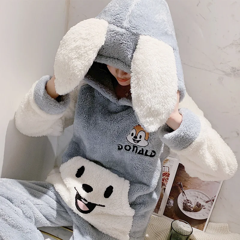 Сезон осень зима Женская плюшевая Пижама с капюшоном и милыми заячьими ушками