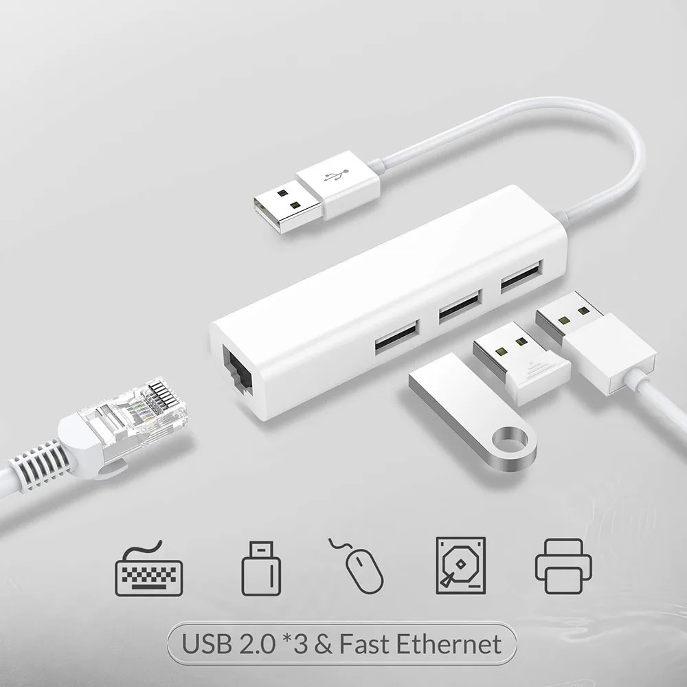 

USB Ethernet with 3 Port USB HUB 2.0 RJ45 Lan Network Card USB to Ethernet Adapter for Mac iOS Android PC RTL8152 USB 2.0 HUB