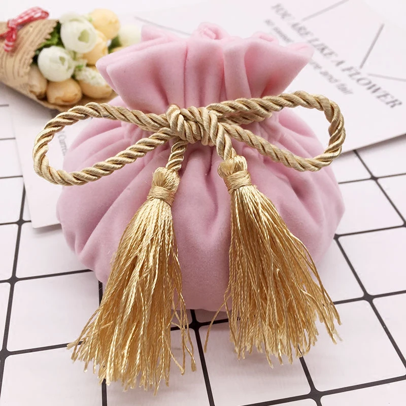Pink Gold Бархатная сумка с круглым дном и кисточкой, 12x17 см, винно-красная упаковка с завязкой, мешочек для ювелирных изделий, подарочная упаковка, сумка для свадьбы - Цвет: Pink Gold