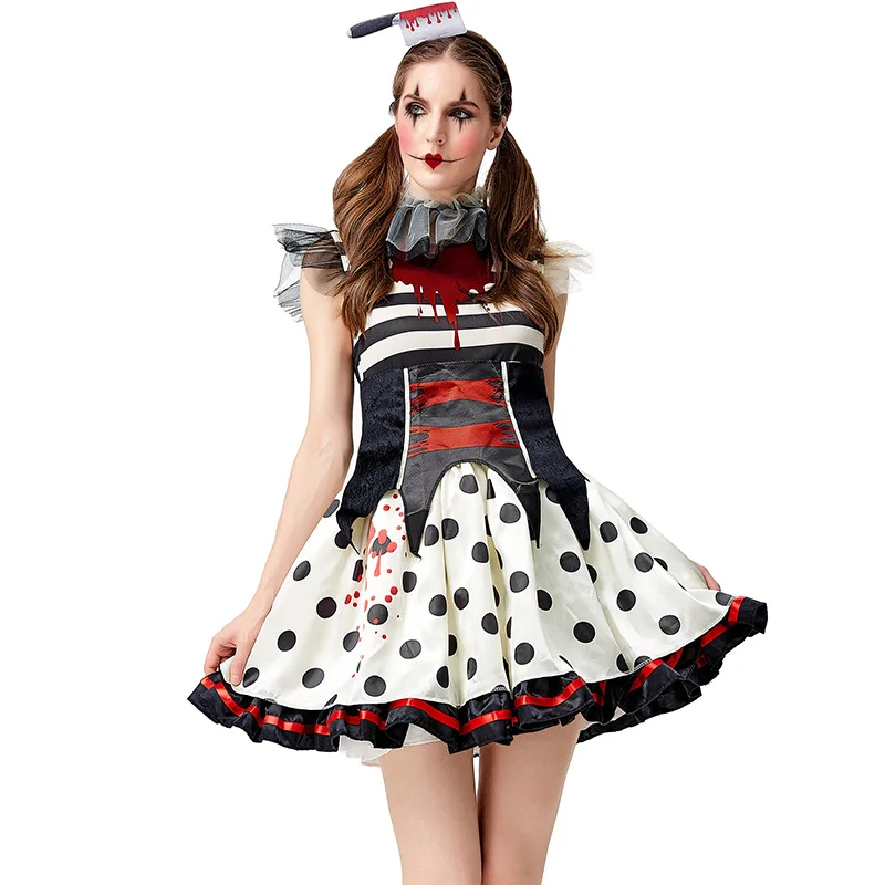

Womens Halloween Scary Bloody Circus Clown Cosplay Costume Mini Dresses Horror Zombie Carnival Party Purim Role Play Dress