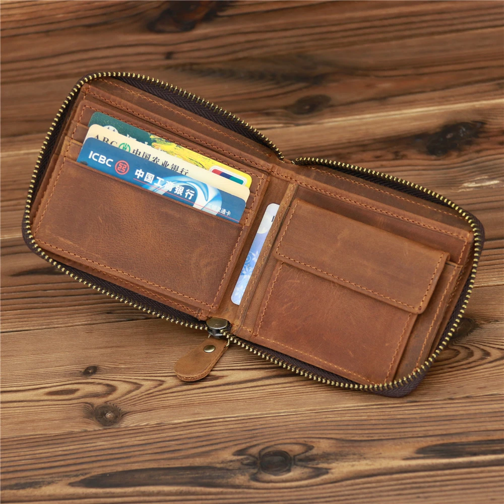 Genuine Leather Zipper Wallet for Men Money Short Purse Credit Card Holder Cash Coin Pocket Male Large Solid Standard Wallets images - 6