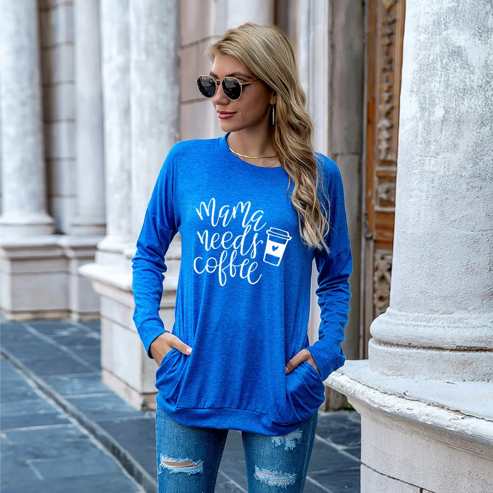 

JFUNCY Mama Need Coffee Print Long Sleeve T Shirt Women Autumn Loose Tee Shirts Female Tops Plus Size Woman T-shirt