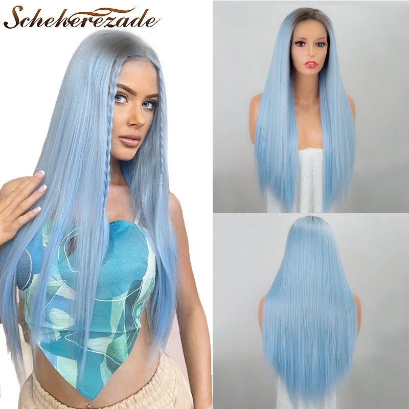 Blue Synthetic Lace Front Wig Ombre Lace Front Wig Straight Long Cosplay Wigs Mixed Black For Party Heat Resistant Scheherezade