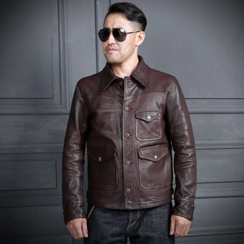 

2021 Dark Brown Retro Casual Style Genuine Leather Jacket Men Large Size 3XL Real Natural Sheepskin Spring Slim Fit Short Coat