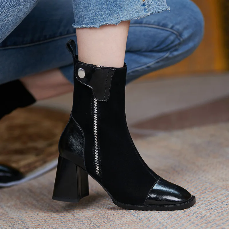 Chunky High Heels Boots Brown Black Party Dress Shoes Women Fashion Retro Boots Female Shoes Comfortable Block Heels Girls Shoes
