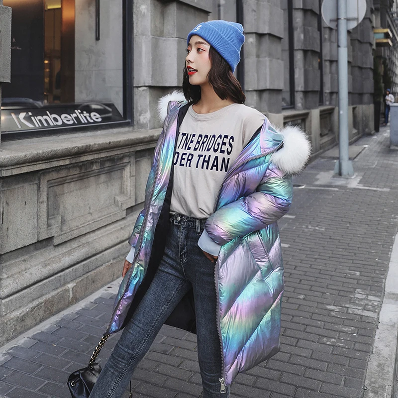 2019 Новый пуховик женский длинный выше колена глянцевый модный свободный большой