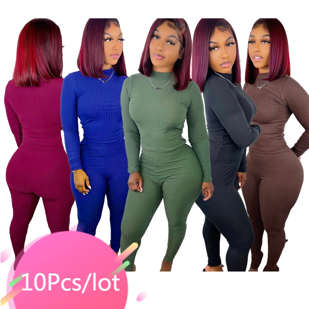 

Bulk Wholesale Items Women Ribbed Turtleneck Two Piece Outfits Casual Long Sleeve Tops Slim Pants Matching Set Fall Loungwear
