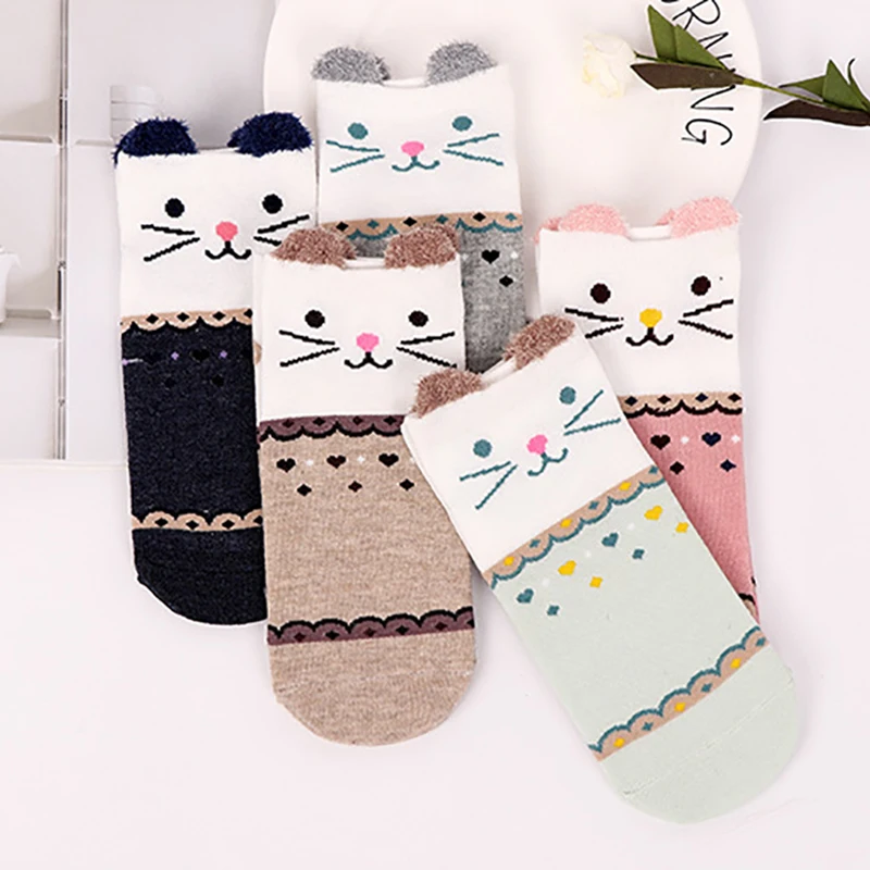 5 пара/лот, хлопковые женские носки с милым рисунком кота, животных, Kawaii, носки для девочек, для женщин, забавные носки, Новинка