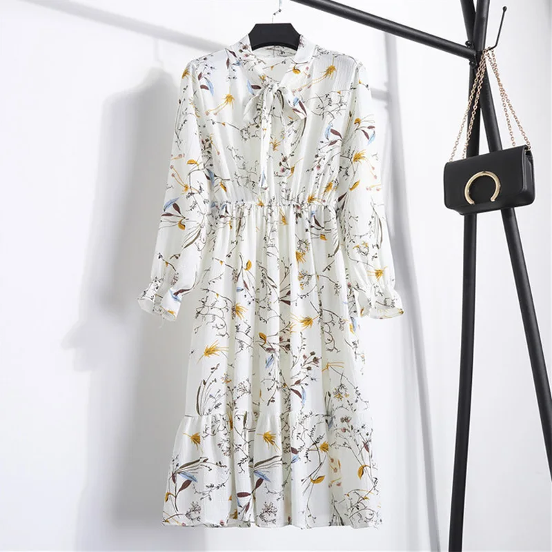 

Women Casual Autumn Dress Lady Korean Style Vintage Floral Printed Chiffon Shirt Dress Long Sleeve Bow Midi Summer Dress Vestido