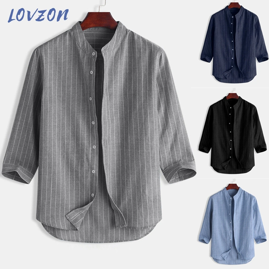 

LOVZON 2021 Men 's Loose Shirt Summer Spring Men's Casual Striped Stand Collar 7 Points Sleeve Button Cotton Loose Shirt Top