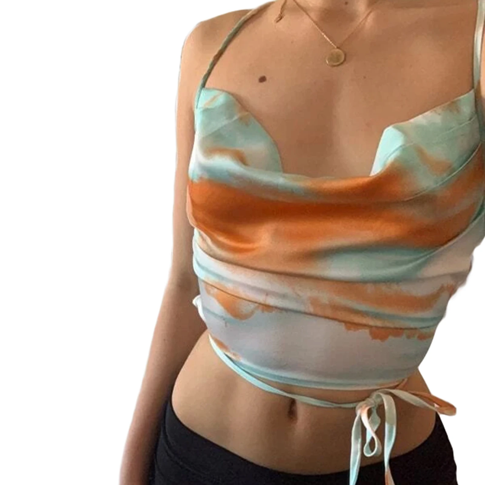 

hirigin 2021 New Women Spaghetti Strap Crop Tops Sleeveless Self Tie Backless Tie Dye Print Camisole Fashion Tops For Women