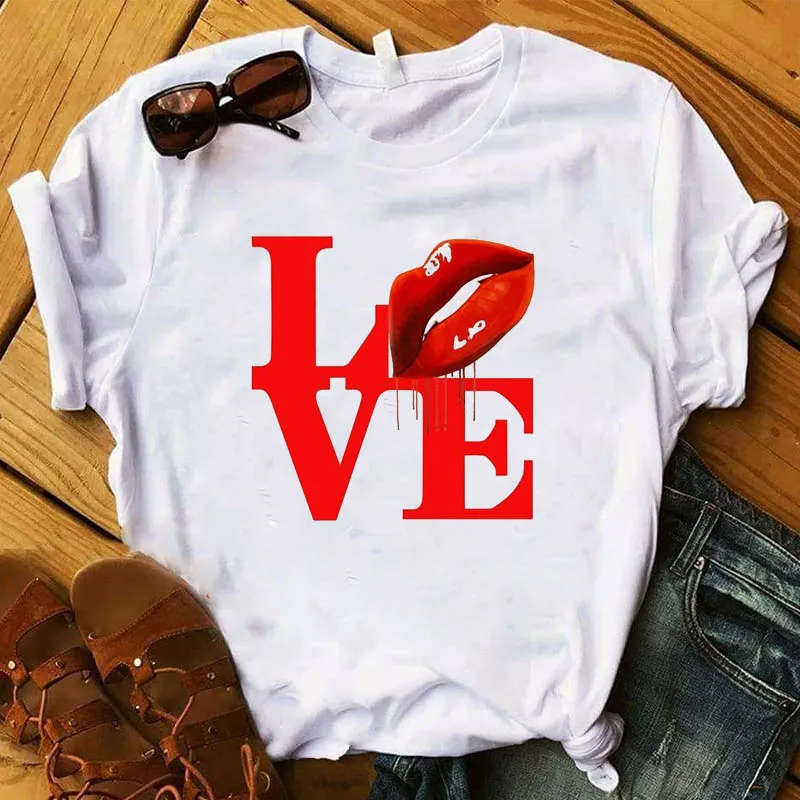 

Women Lady T Shirt Sexy Red Lip Printed Tshirt Ladies Short Sleeve Loose Tee Shirt Women Female Tops Clothes Graphic T-shirt