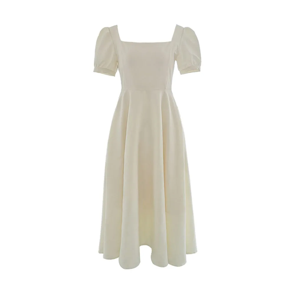 

Korean Fashion Temperament Summer Dress Simplicity Casual Solid Color Popular Thin High Waist Square Collar Puff Sleeve