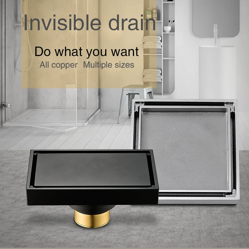 

10x10cm Solid Brass Square Bathroom Shower Floor Drain Tile Insert Invisible Water Filter Black Gold Silver Nickel Brushed