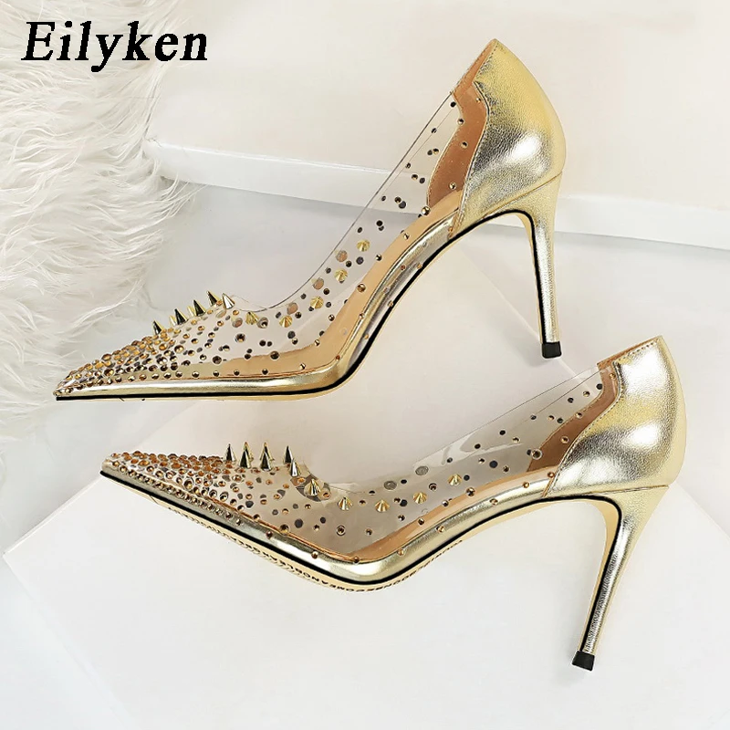 

Eilyken/Женская обувь для вечеринки и свадьбы; Модные прозрачные женские босоножки из ПВХ с острым носком на тонком высоком каблуке, украшенные...