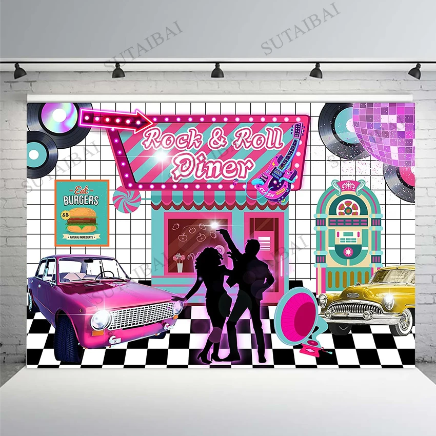 Retro 50's Rock and Roll Theme Birthday Photography Backdrop 1950 Dinner Party Background Cake Table Decorations Photo Studio