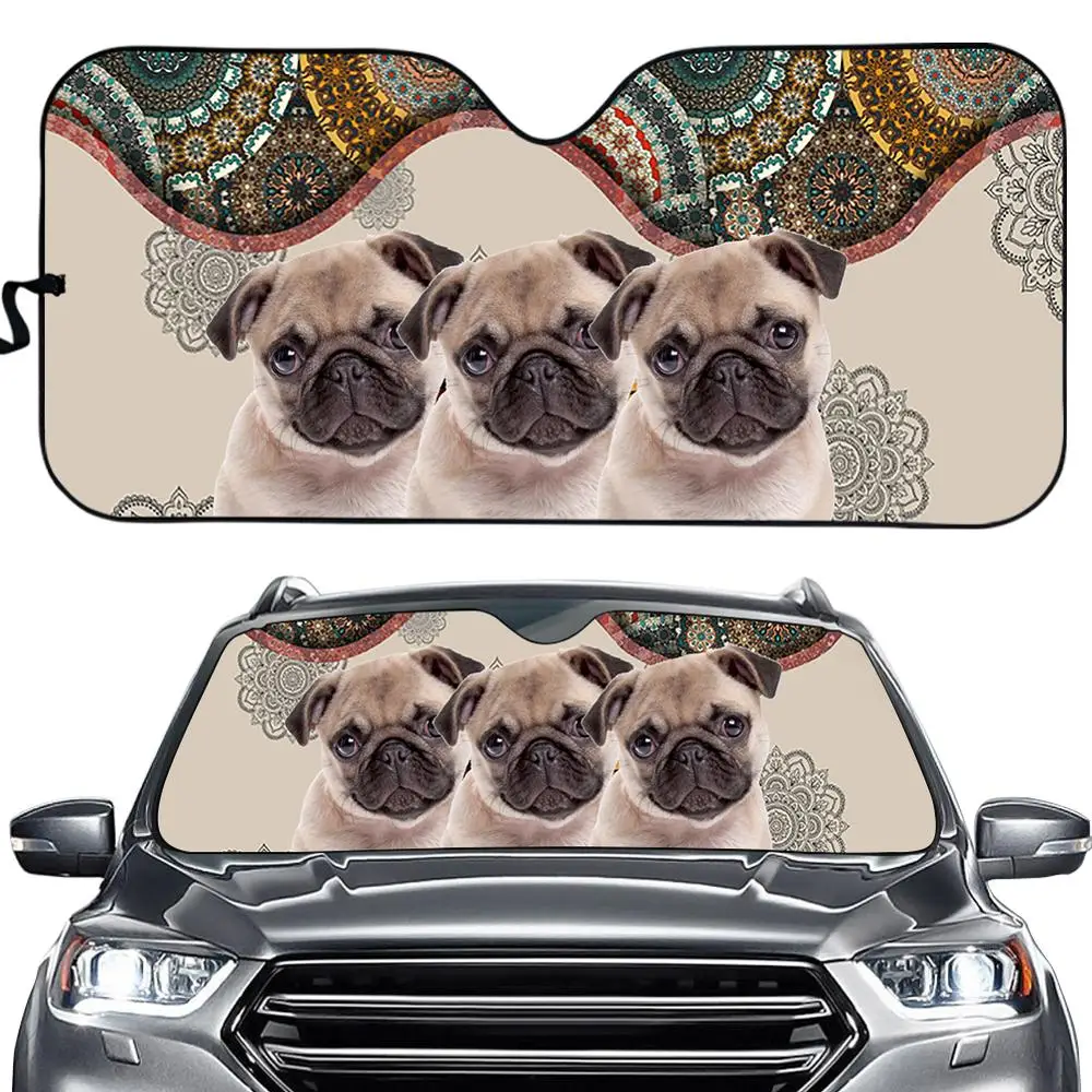 

Pug Dog Cat Boho Pattern Windshield Sun Shade for Car Cute Auto Accessories Protect Car Interior Sunshade Folable Heat Reflector