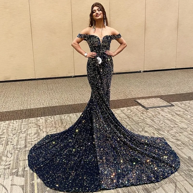 

Dubai Luxury Evening Dresses 2020 A-Line Sweetheart With Train Sequins Sparkle Sexy Evening Gowns Formal Dress LE4021