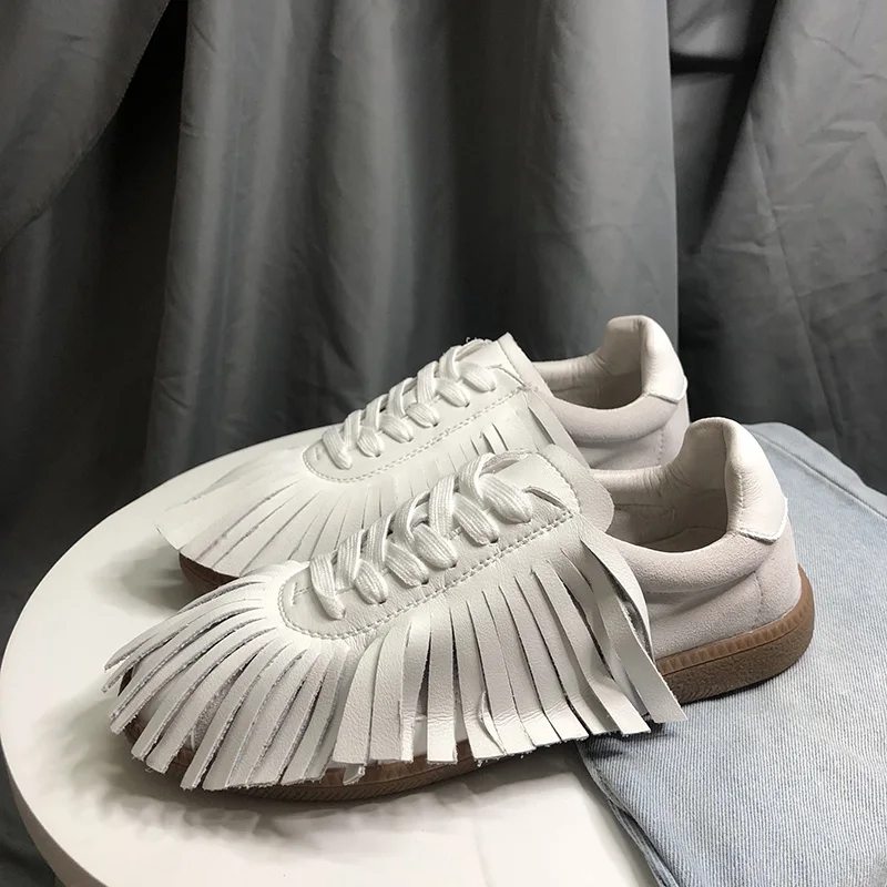 

Fashion Women's Leather Casual Lace Up Flats White Tassel Round Toe M47