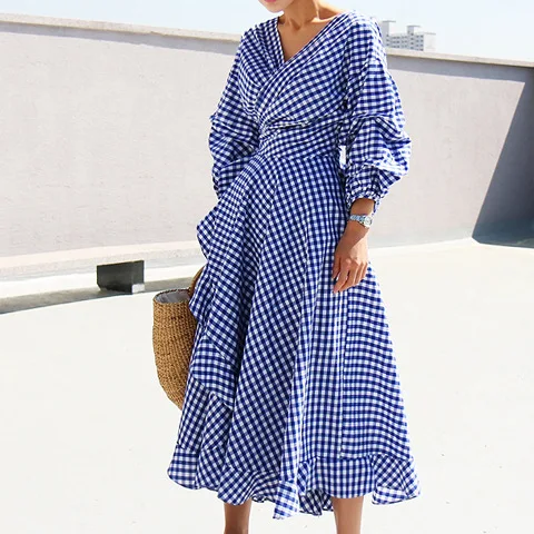 

White Blue Plaid Women Dress 2021 V Neck A Line Lantern Sleeve Bandage Beach Style Female Dresses Holiday Boho Vestidos