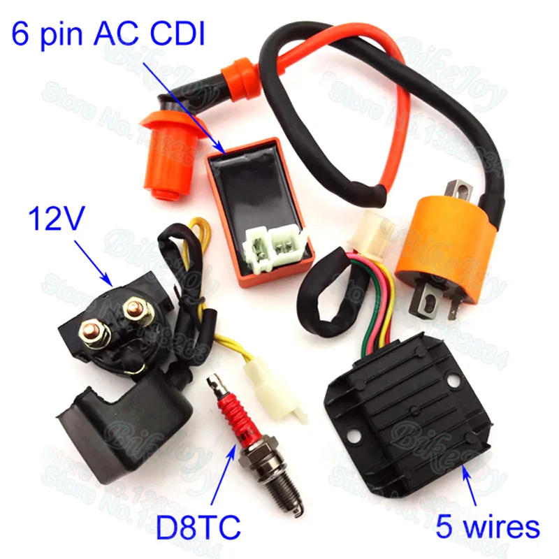 Гоночный катушка зажигания 6 pin AC CDI Свеча зажигания D8TC Регулятор выпрямителя реле комплект для 150cc 200cc 250cc ATV Quad Мотоцикл