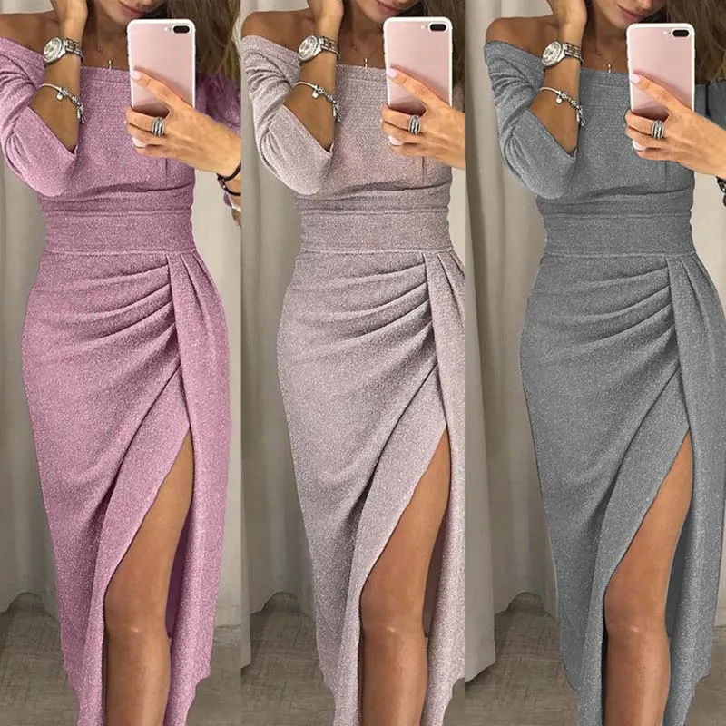 

1 Pcs Women Lady Dress Boat Neck High Waist Sexy Slim Solid Color For Evening Party BMF88
