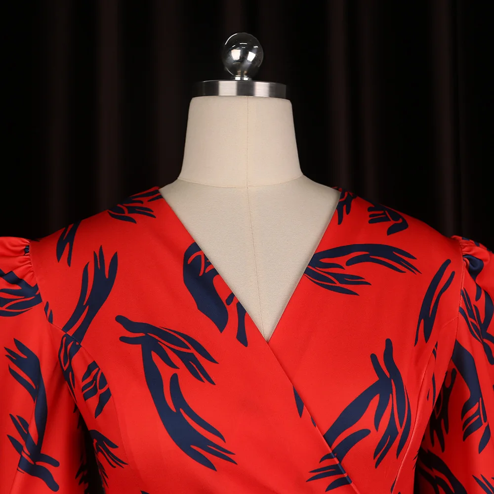 

Women Printed Dress Bodycon Long Sleeve Elastic High Waist V Neck Elegant Office Ladies Classy Work Wear Female Vestidos African