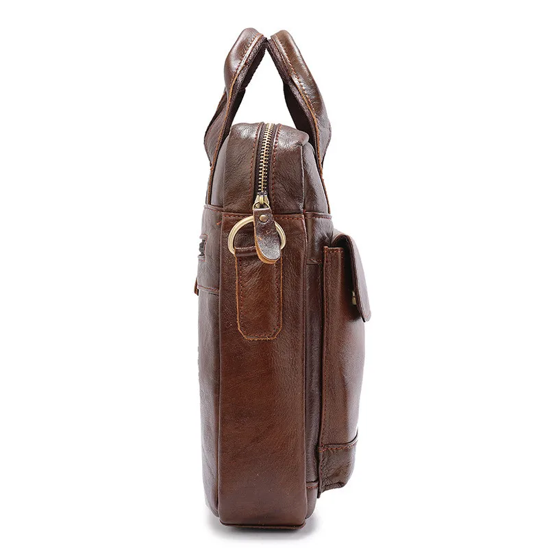 Retro fashion natural genuine leather youth vertical portable briefcase daily work office business shoulder messenger bag male
