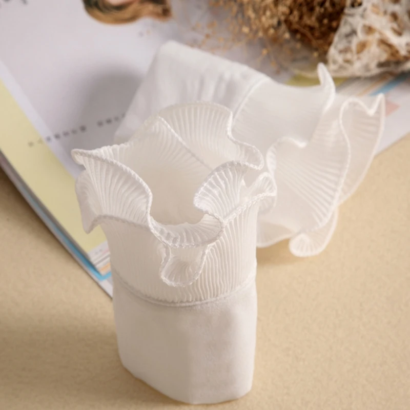 

Women 2Pcs Layered Ruffled Stand False Collar with Fake Sleeves Cuffs Wristband Set Button Down Detachable Half Shirt