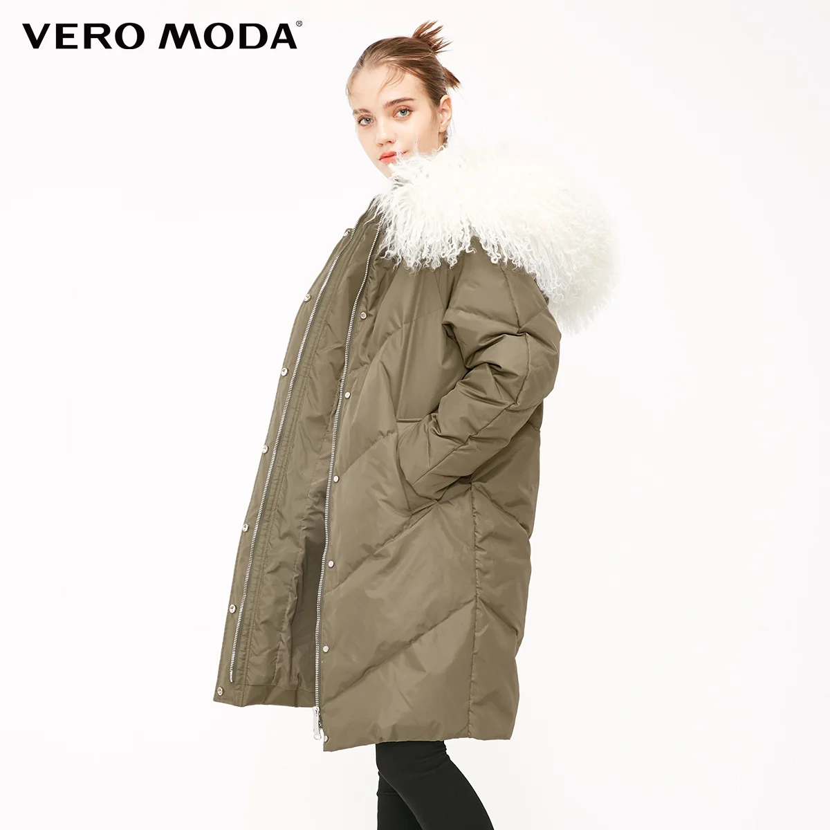 Vero Moda Женская 90% белая куртка-пуховик на утином пуху с воротником из овечьего меха с капюшоном | 318412556