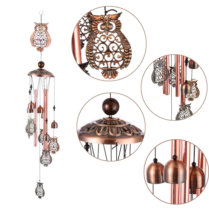 

Owl Wind Chime Electroplated Brass Metal Pipe Bells Hanging Wind Bells for Balcony Garden Room Home Decor Windchime Ornaments