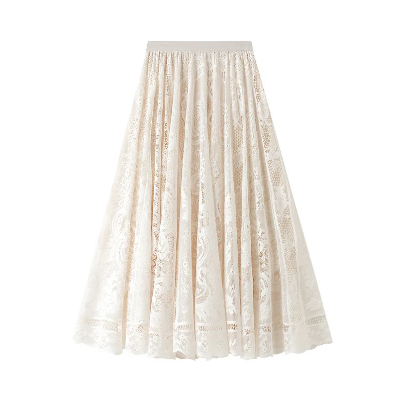 

2021 Spring Summer Long Lace Skirts Woman Elastic High Waist A Line Hollow Out Lace Ankle Length Falda Black White Sun Skirts