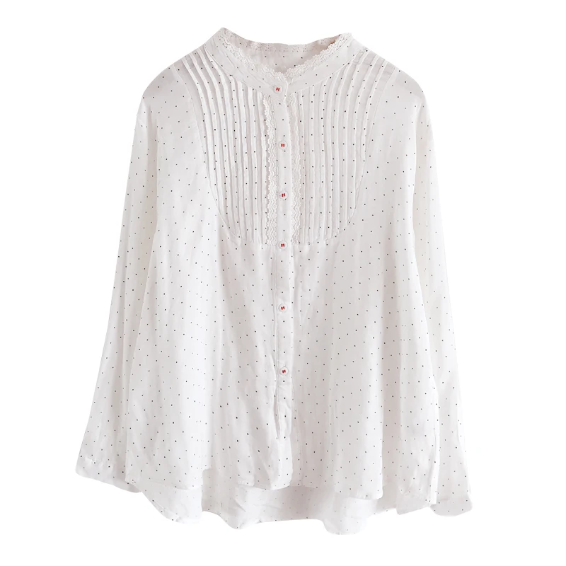 

Lamtrip 2021 Spring Cotton Yarn Polka Dots Print Lace Edge Ruffled Collar Long Sleeve Pleated Shirt Blouse