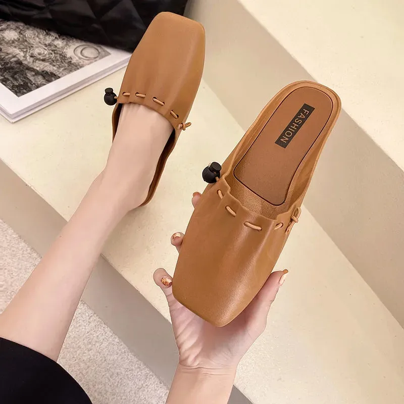 

Black PU Leather Slip On Mules Summer Flat Casual Shoes Fashion Shallow Non-Slip Women Slippers Slides 2021 Classic Single Shoes