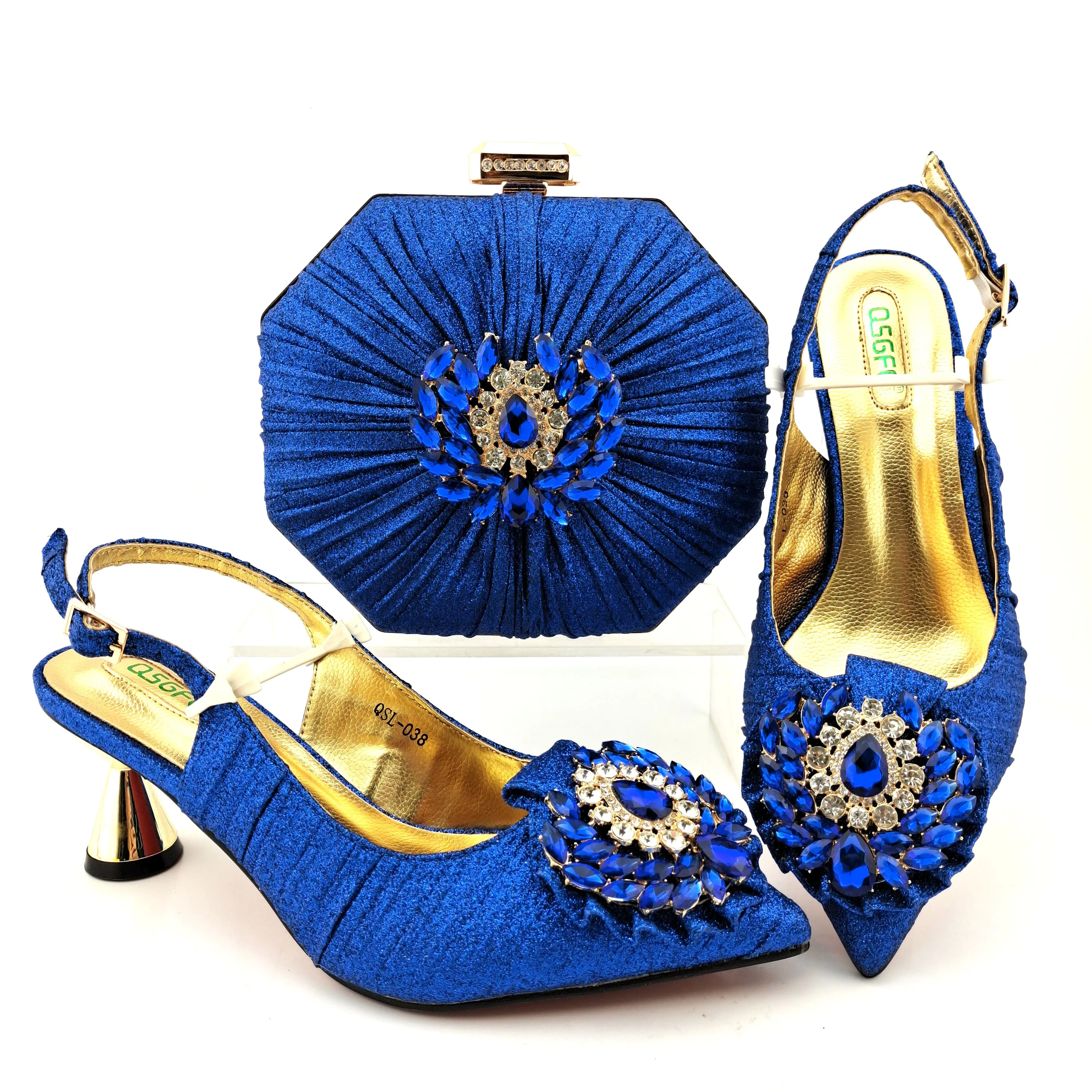 

Hot Selling Italian Design 2021 Newest Fashion and Elegant Blue Color Crystal Style Noble Women Shoes and Bag Set for Party