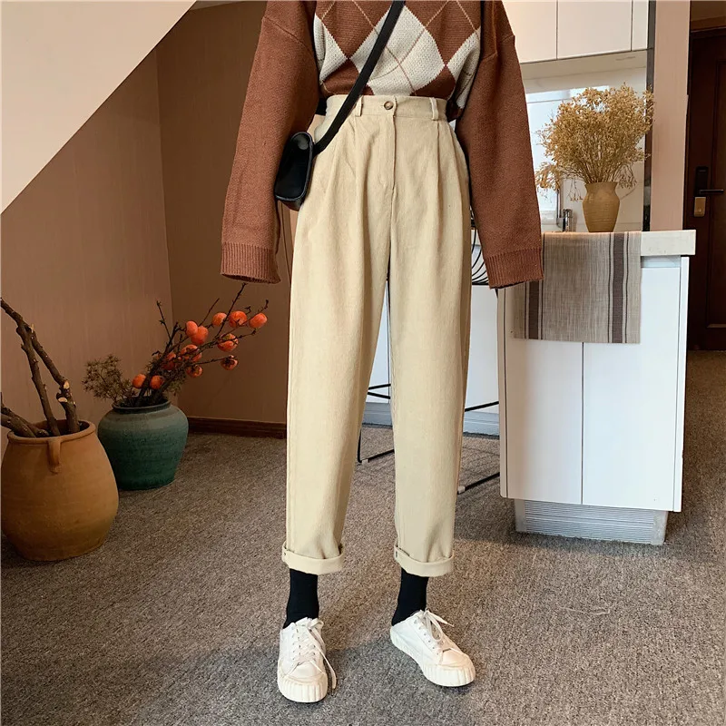 Зимние женские винтажные черные вельветовые штаны-шаровары с высокой талией в Корейском стиле, свободные брюки с манжетами, уличная одежда