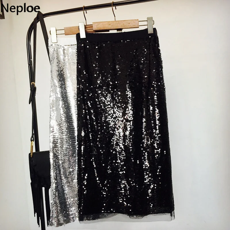 Neploe, весна-лето, Новое поступление, сетчатая Лоскутная юбка, однотонная, расшитая блестками, с высокой талией, Корейская юбка до середины икры, 43031