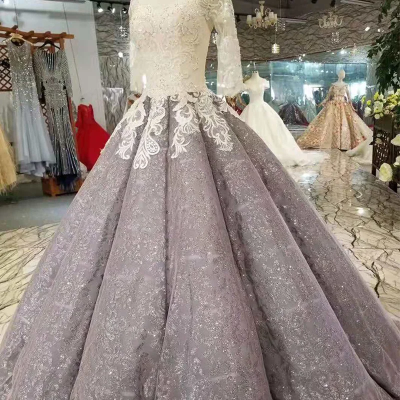 LSS383 grey women occasion dress ball gown o-neck long sleeve curve shape prom dress pleat skirt lace up back dress brush train