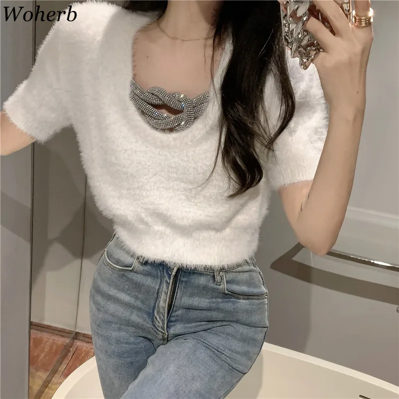 Женские свитера Woherb осенняя одежда сексуальные укороченные пуловеры с V-образным
