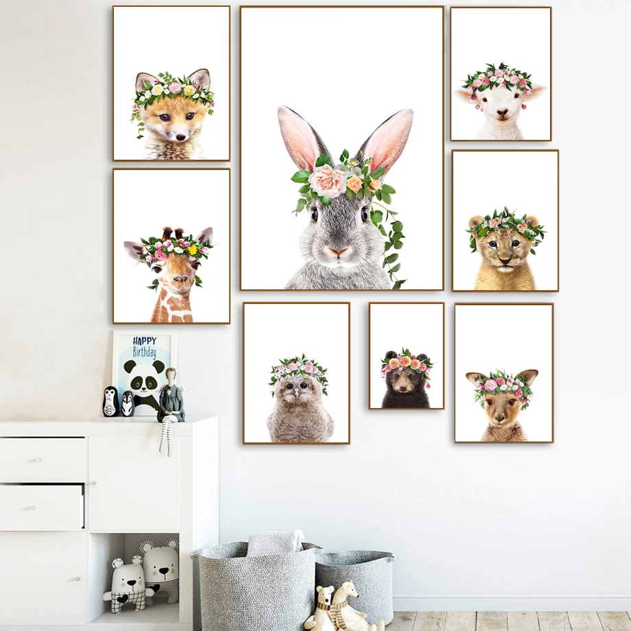 

Cute Rabbit Lion Giraffe Fox Flower Crown Wall Art Canvas Painting Nordic Posters And Prints Wall Pictures For Kids Room Decor