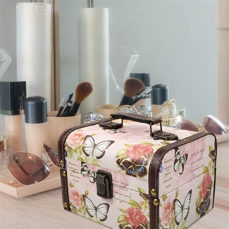 

Makeup Box Retro Jewelry Box With Handle Leather Vintage Makeup Tools Storage Box Cosmetic Container Dressing Case Jewelry Box